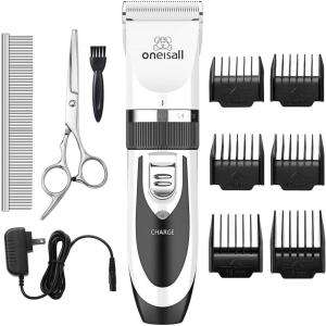imageoneisall Dog Clipper Low Noise Dog Grooming Kit with Rechargeable Dog Shaver Cordless Electric Quiet Hair Clipper Set for Dog Cats PetsGoldWhite