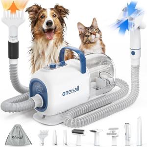 imageoneisall Dog Vacuum ampamp Dryer for Shedding Grooming 8 in 1 Dog Grooming Kit with Metal Blades Pet Clippers Adjustable Speed and Temperature Control Blower