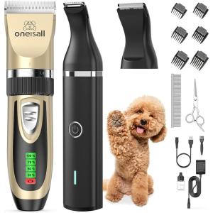 imageoneisall Dog Clippers and Dog Paw Trimmer Kit 2 in 1 Low Noise Cordless Dog Clippers for Grooming Pet Hair Trimmers for Small and Large Dogs Cats AnimalsGold  Black