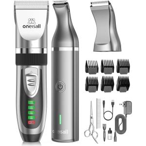 imageoneisall Dog Clippers and Dog Paw Trimmer Kit 2 in 1 Low Noise Cordless Dog Clippers for Grooming Pet Hair Trimmers for Small and Large Dogs Cats AnimalsSilver