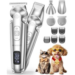 imageoneisall Dog Clippers and Paw Trimmer with Low Noise 4  in  1 Cordless Dog Grooming Kit with 3  Level Speed Clippers 7000 RPM for Grooming Thick Hair Waterproof Shaver for Dogs and CatsSilver
