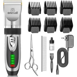imageOneisall Low Noise Dog Clippers 2Speed Quiet Grooming Kit Rechargeable Cordless Pet Hair Clipper Trimmer Shaver for Small and Large Dogs Cats Animals Dark PlumSilver