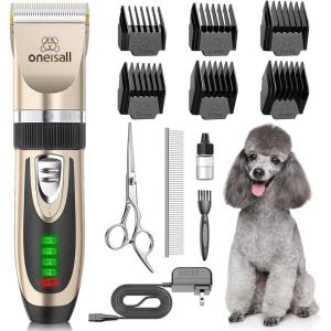 imageOneisall Low Noise Dog Clippers 2Speed Quiet Grooming Kit Rechargeable Cordless Pet Hair Clipper Trimmer Shaver for Small and Large Dogs Cats Animals Dark PlumGold