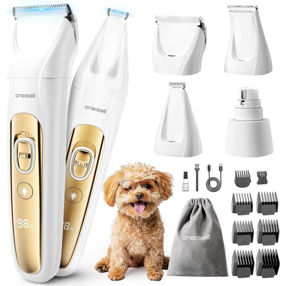 imageoneisall LED Light Dog Trimmer Clippers Cordless Dog Grooming Kit 2 in 1 2000mAh Pet Grooming Clippers Paw Trimmer Nail Grinder for Paw Nail Face Ears Legs BodyGold