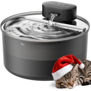 imageCat Water Fountain with Stainless Steel Tray 108oz32L oneisall Wireless Pet Fountain for Cats Indoor Battery Operated Automatic Water Dispenser for Drinking Ultra Quiet SilentFlow Motion Sensor