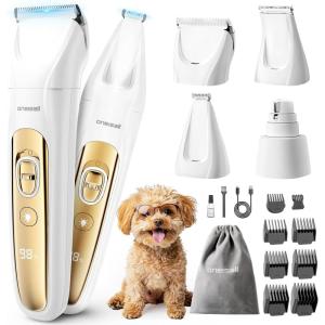 imageoneisall LED Light Dog Trimmer Clippers Cordless Dog Grooming Kit 2 in 1 2000mAh Pet Grooming Clippers Paw Trimmer Nail Grinder for Paw Nail Face Ears Legs BodyGold