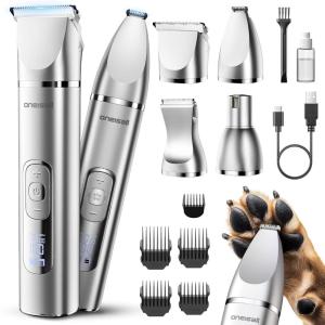 imageoneisall 4 in 1 Dog Grooming Kit with LCD Display Dog Hair Trimmer for Paw Nail Grinder Rechargeable Cordless Low Noise IPX7 Waterproof Pet Clippers WhiteSilver