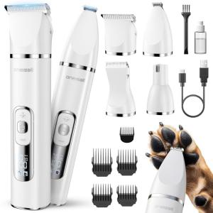 imageoneisall 4 in 1 Dog Grooming Kit with LCD Display Dog Hair Trimmer for Paw Nail Grinder Rechargeable Cordless Low Noise IPX7 Waterproof Pet Clippers WhiteWhite
