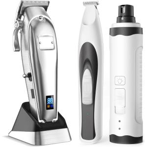 imageoneisall Dog Grooming Clippers for Thick Heavy Coats and 2 in 1 Quiet Paw Trimmer and Dog Nail Grinder with LED Lights