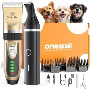 imageoneisall S6 Set Dog Clippers ampamp Paw Trimmer 2in1 Ultra Quiet Cordless Dog Grooming Kit Gold ampamp Black