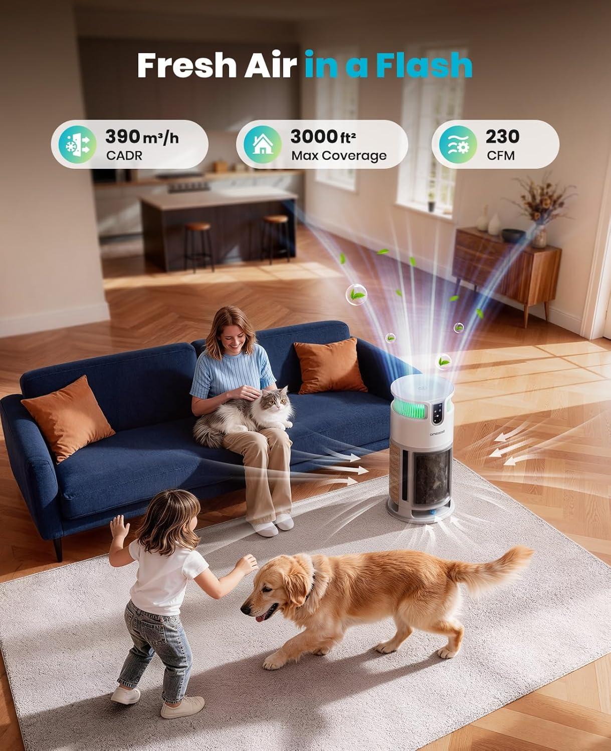 image:imageoneisall Pet Air Purifier for Home Large Room 3000 Ft H13 HEPA Washable Filter 360 Airflow Visible Air Cleaner for Pet Hair Odor Allergies Smoke Dust PM25 MonitorAuto ModeCat ToysPP04