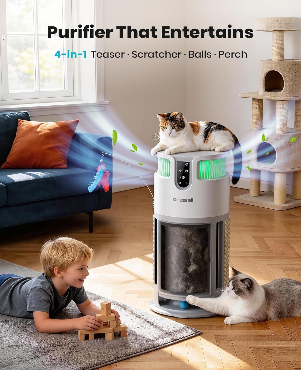 image:imageoneisall Pet Air Purifier for Home Large Room 3000 Ft H13 HEPA Washable Filter 360 Airflow Visible Air Cleaner for Pet Hair Odor Allergies Smoke Dust PM25 MonitorAuto ModeCat ToysPP04