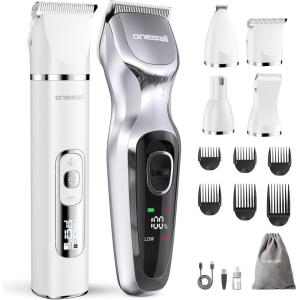 image:imageoneisall 4 in 1 Dog Grooming Kit with LCD Display White and Dog Clippers for Grooming Thick Hair