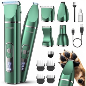 image:imageoneisall 4 in 1 Dog Grooming Kit with LCD Display Dog Hair Trimmer for Paw Nail Grinder Rechargeable Cordless Low Noise IPX7 Waterproof Pet Clippers Green